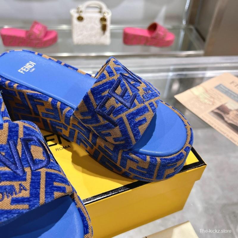 2025 Slippers Fendi Blue Brown Fabric FF Jacquard Platform