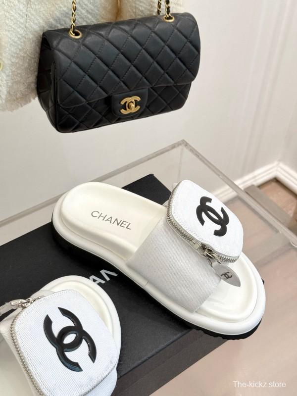 2025 CHANEL White Canvas Slippers KFY00220