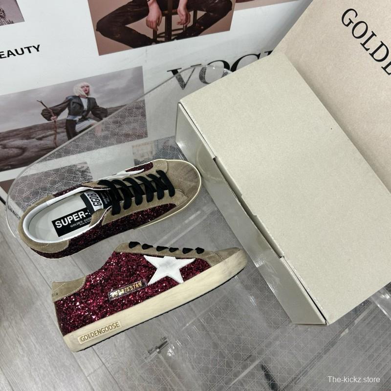 2025 Women GGDB Burgundy White Suede Glitter Sneakers