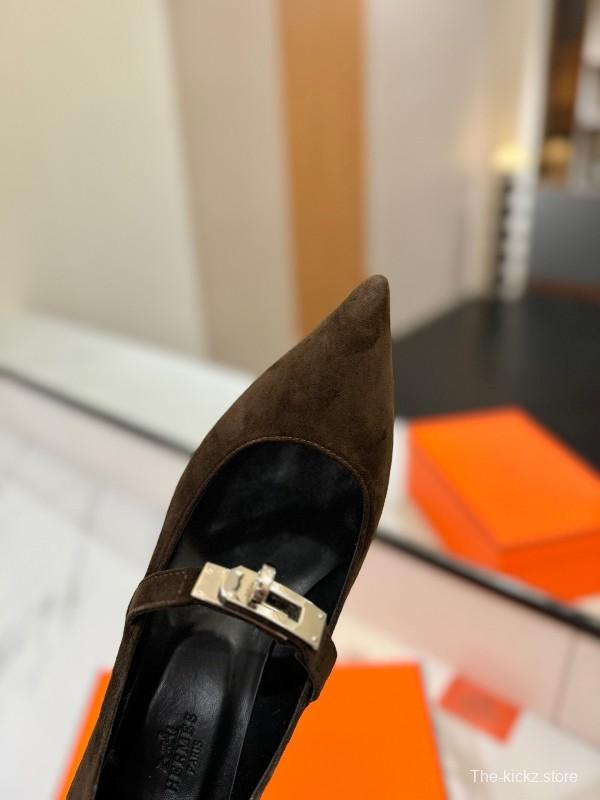 2025 Women Hermès Black Suede Mary Jane Shoes KFY00330