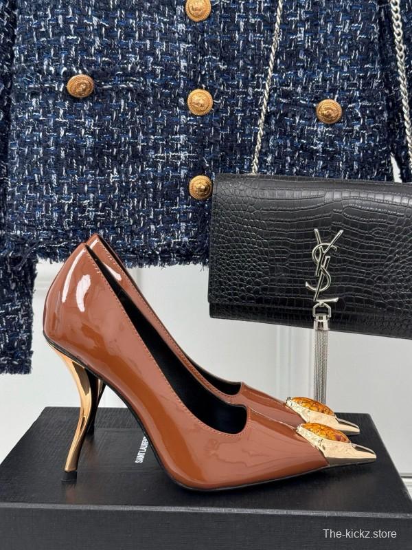 2024 Women Yves Saint Laurent Brown Patent Leather High Heels Metal Tip MJ00330