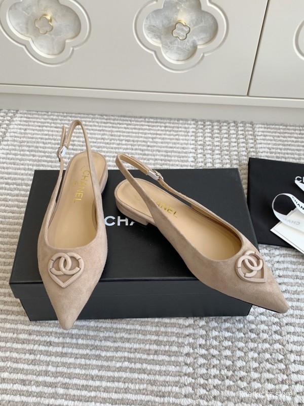 2025 Women Chanel Beige Suede Slingback Heart Logo KFY00300
