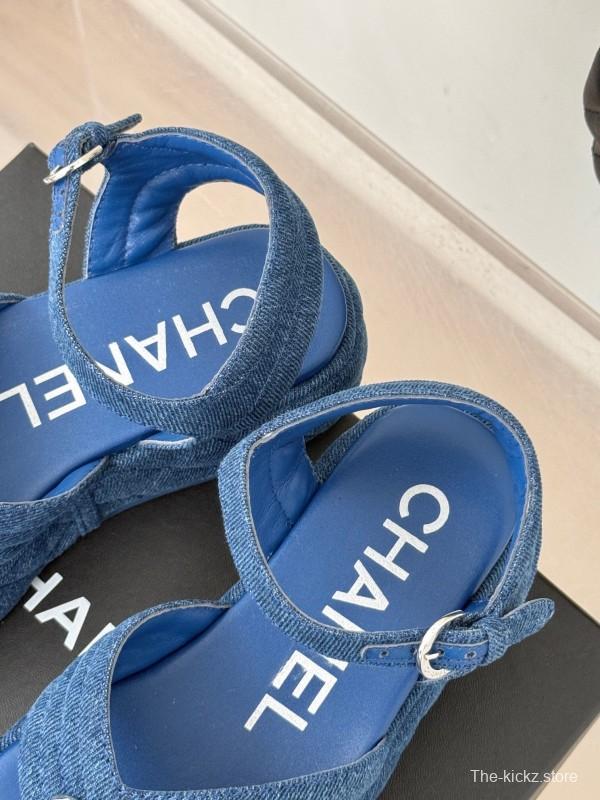 2025 Women Chanel Blue Denim Leather Platform Sandals KFY00260