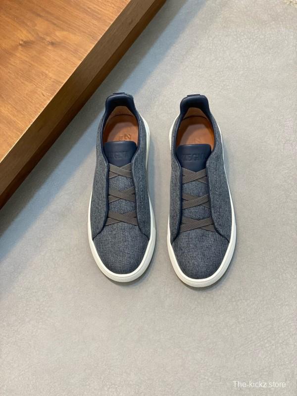 2024 Unisex Ermenegildo Zegna Grey Blue Pelletessuta Calfskin Sneakers Stretch Detail MJ00280