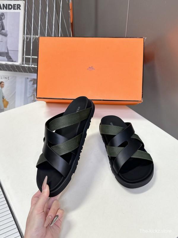 2025 Slippers Hermès Black Green Leather Fabric Slippers