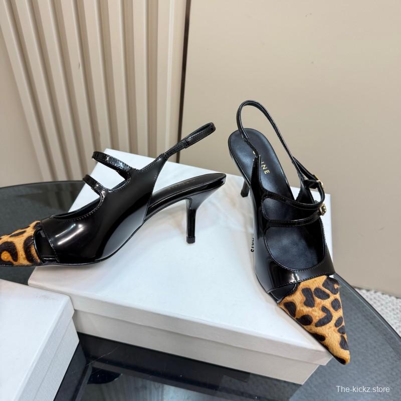 2025 Women Celine Leopard Black Patent Leather Slingback Heels