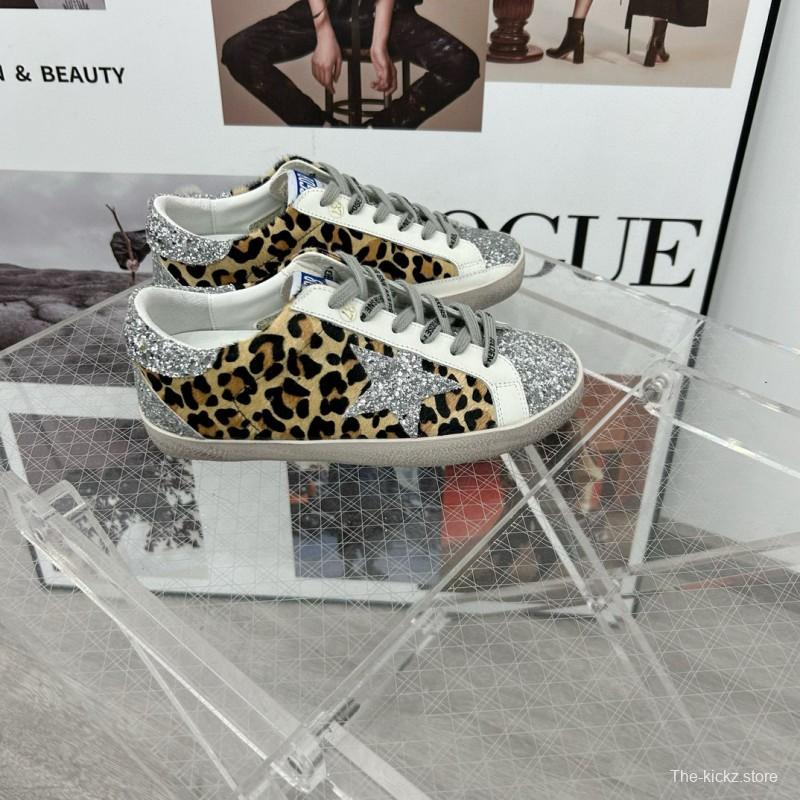 2025 Women GGDB Leopard Silver Glitter Leather Suede Sneakers