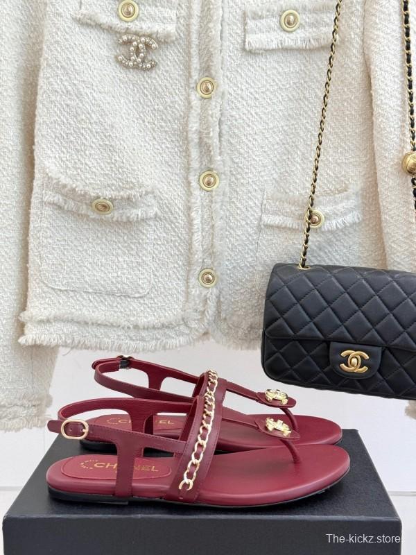 2025 Women Chanel Red Leather Sandals Chain Decoration
