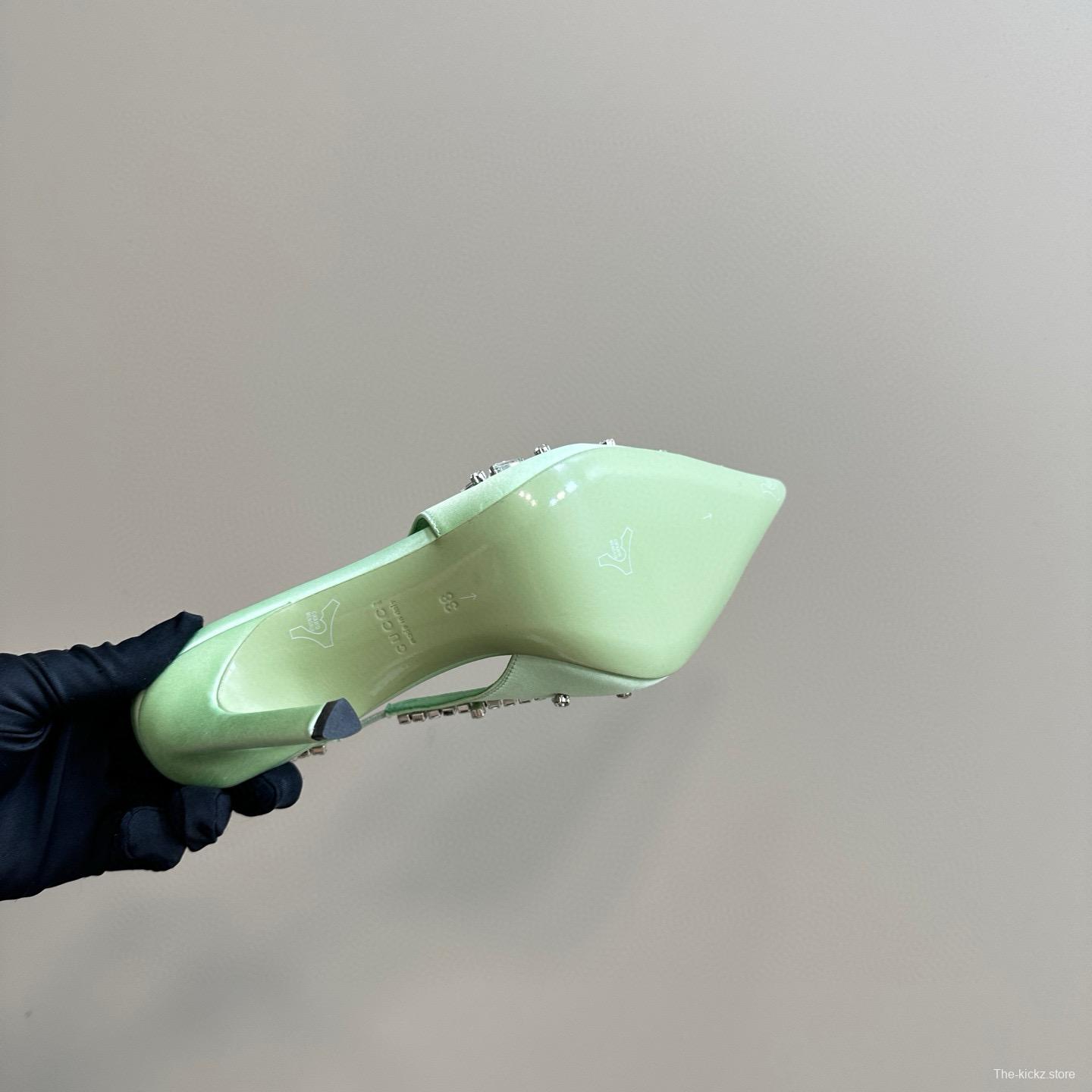 2025 Women Gucci Light Green Satin High Heel Slingback Rhinestone MJ00340