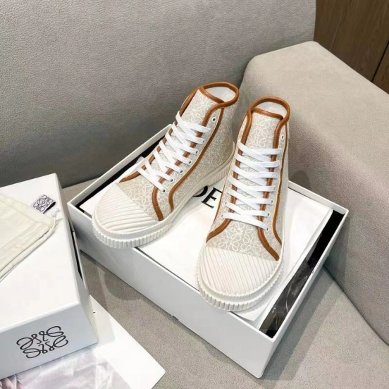 2025 Women Loewe White Brown Canvas High-top Sneakers LY00420