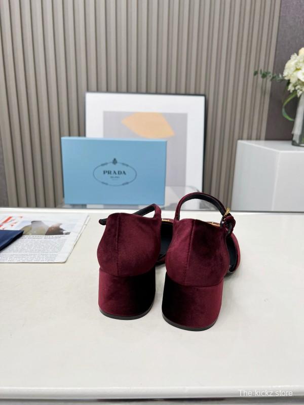 2025 Women Prada Burgundy Velvet Mary Jane Buckle KFY00270