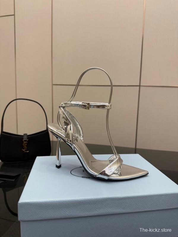 2025 Women Yves Saint Laurent Silver Leather Stiletto Sandals