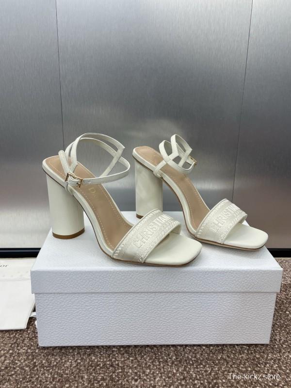 2025 Women Dior White Leather High Heel Embroidered Sandals