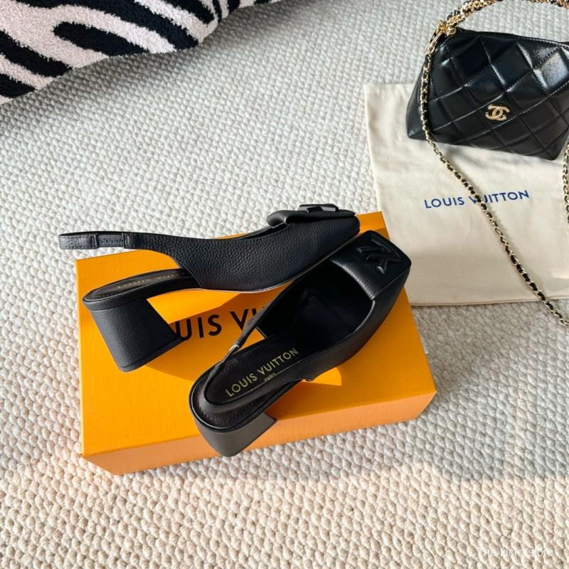 2024 Women Louis Vuitton Black Leather Slingback Heel