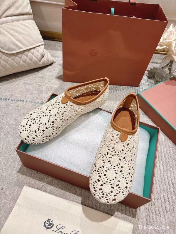 2025 Women LP Beige Brown Leather Crochet Ballet Flats