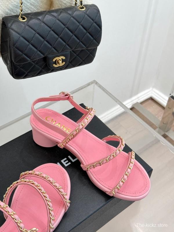 2025 Women Chanel Pink Leather Chain Strap Sandals