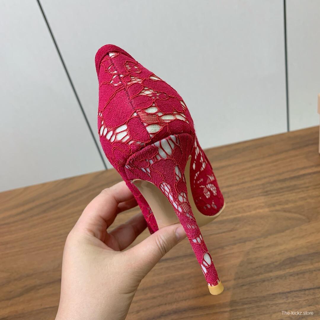 2025 Women Gianvito Rossi Red Lace Leather Pumps KFY00280