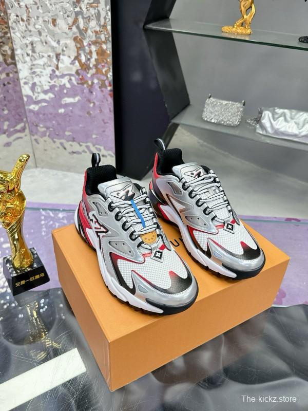 2025 Men Louis Vuitton White Red Black Leather Mesh Sneakers MJ00420