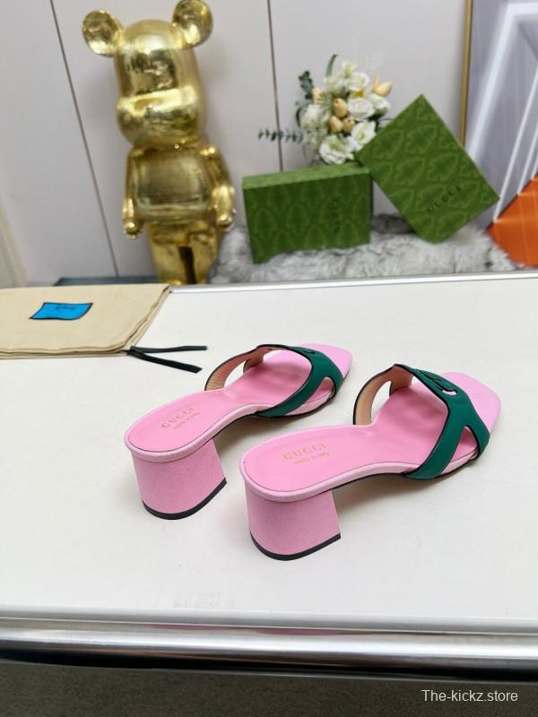 2025 Women Gucci Pink Green Leather Slippers
