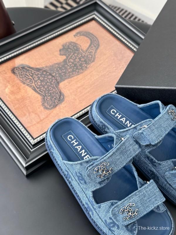 2025 Women Chanel Blue Denim Leather Slippers LY00310