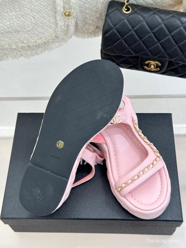 2025 Women Chanel Pink Lambskin Platform Sandals Chain Decoration