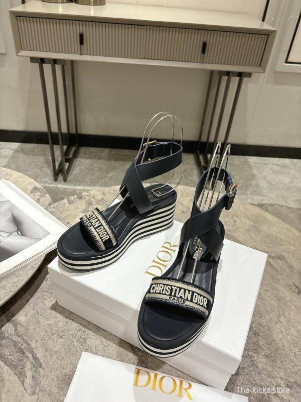 2025 Women Dior Black Leather Sandals Christian Dior Logo KFY00280