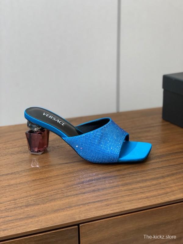 2025 Women VERSACE Blue Satin Slippers