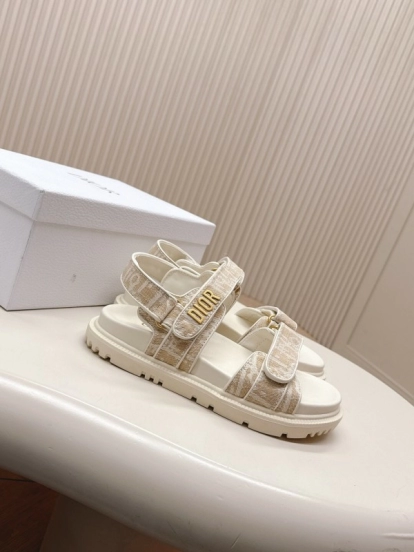 2025 Women Dior Beige Canvas Sandals Magic Tape LY