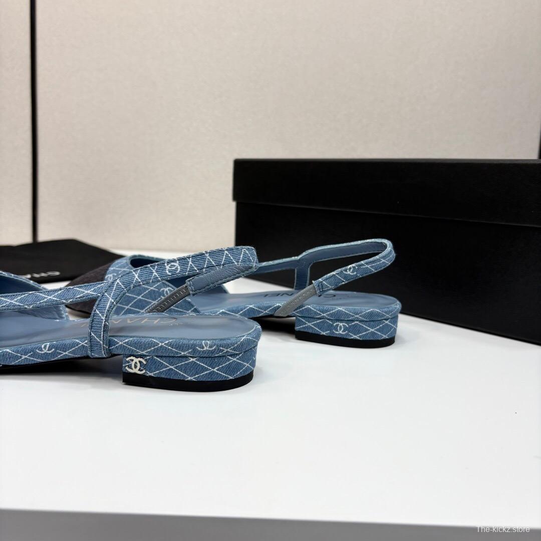 2025 Women Chanel Blue Black Denim Leather Slingback LY00240
