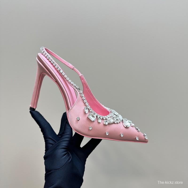 2025 Women Gucci Pink Silk High Heel Slingback Crystal LY00340