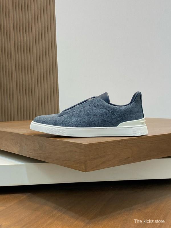 2024 Unisex Ermenegildo Zegna Grey Blue Pelletessuta Calfskin Sneakers Stretch Detail MJ00280