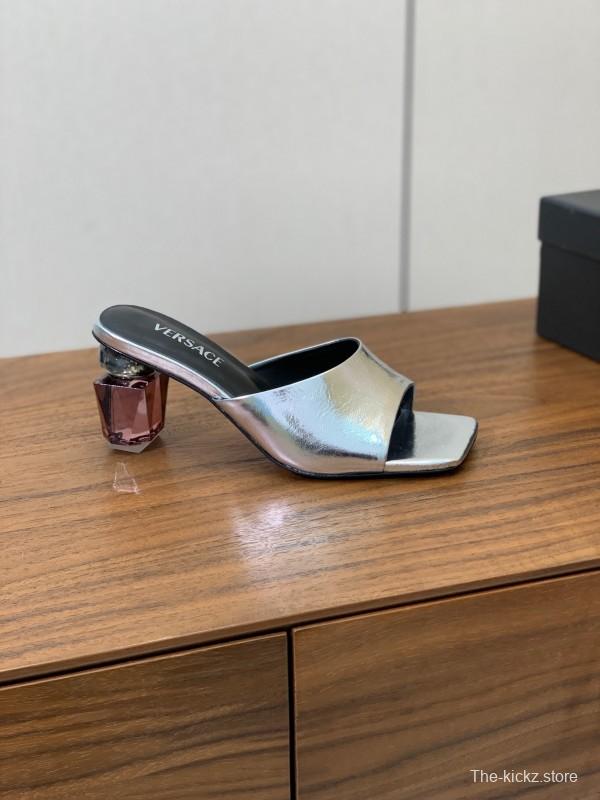 2025 Women VERSACE Silver Leather Slippers