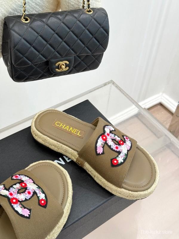 2025 Women Chanel Khaki Embroidered Lambskin Slippers KFY00230