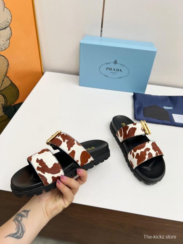 2025 Slippers Prada Brown White Leather Cow Print LY00260
