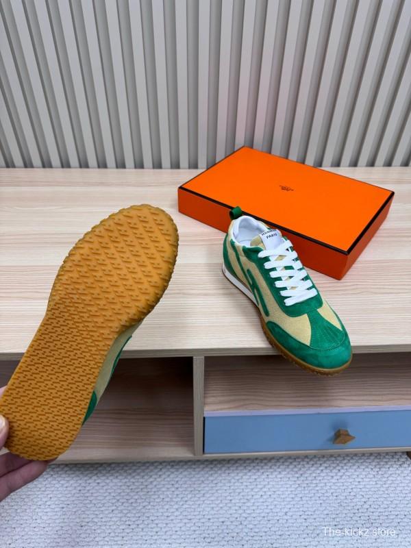 2025 Unisex Hermès Green Beige Suede Down Fabric Sneakers Top Version KFY00300