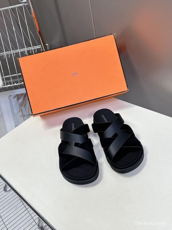 2025 Slippers Hermès Black Leather Slippers