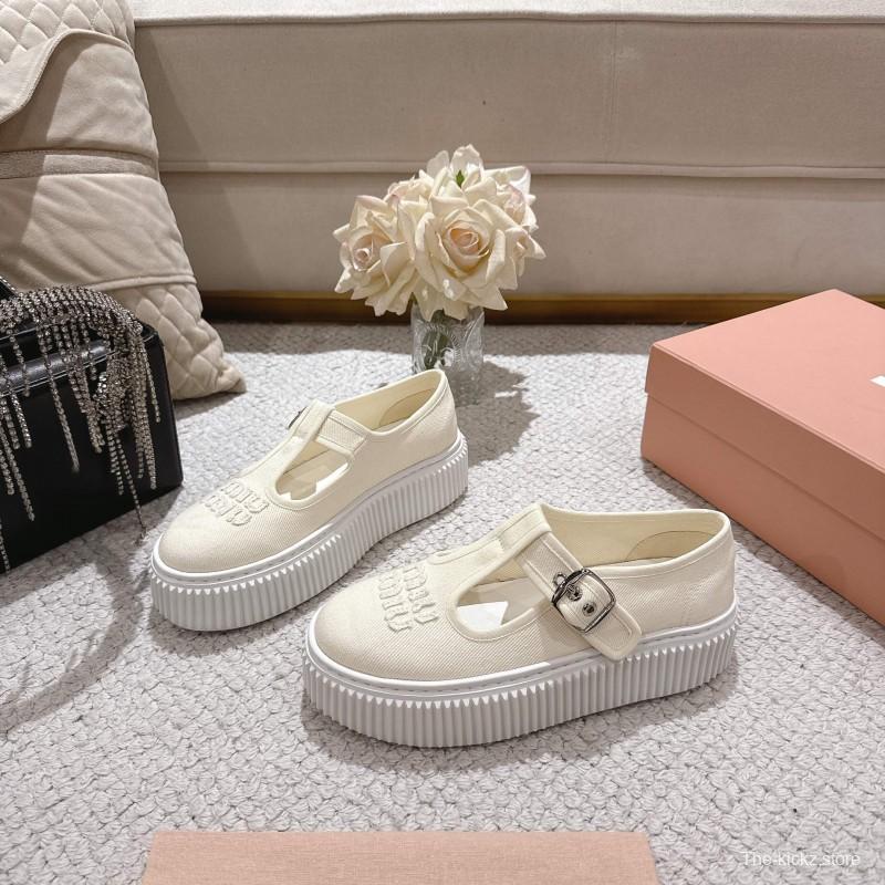 2025 Women Miu Miu White Canvas Platform Mary Jane LY00270