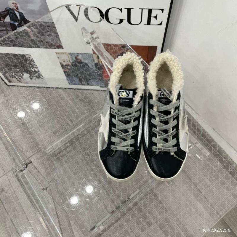 2025 Women GGDB Silver Black Leather Shearling Sneakers