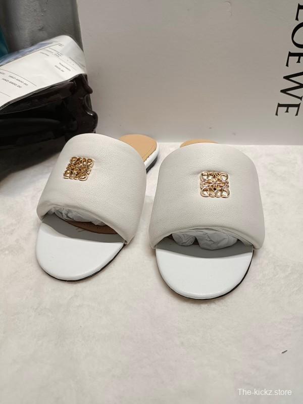 2025 Women Loewe White Leather Slippers LY00260