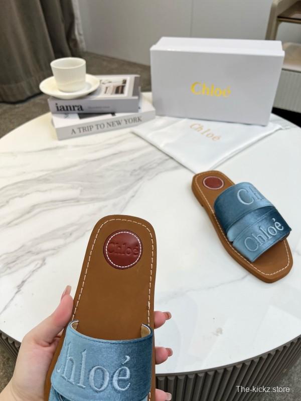 2025 Women Chloé Blue Denim Leather Slippers LY00200