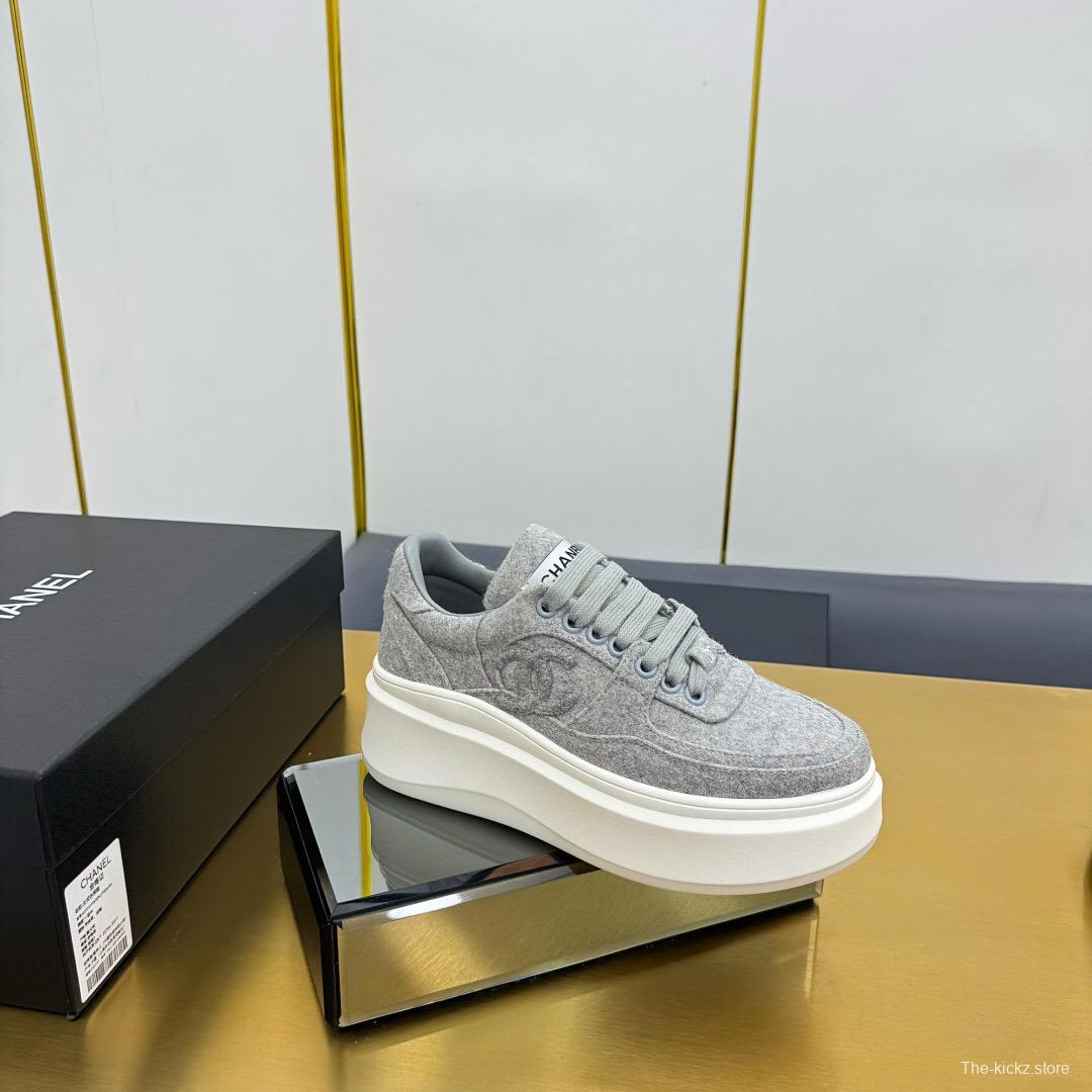 2025 Women Chanel Grey Wool Platform Sneakers