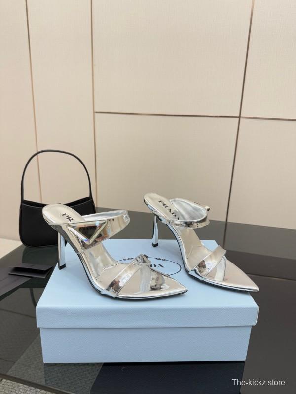 2025 Women Prada Silver Leather Pointed Toe Sandals