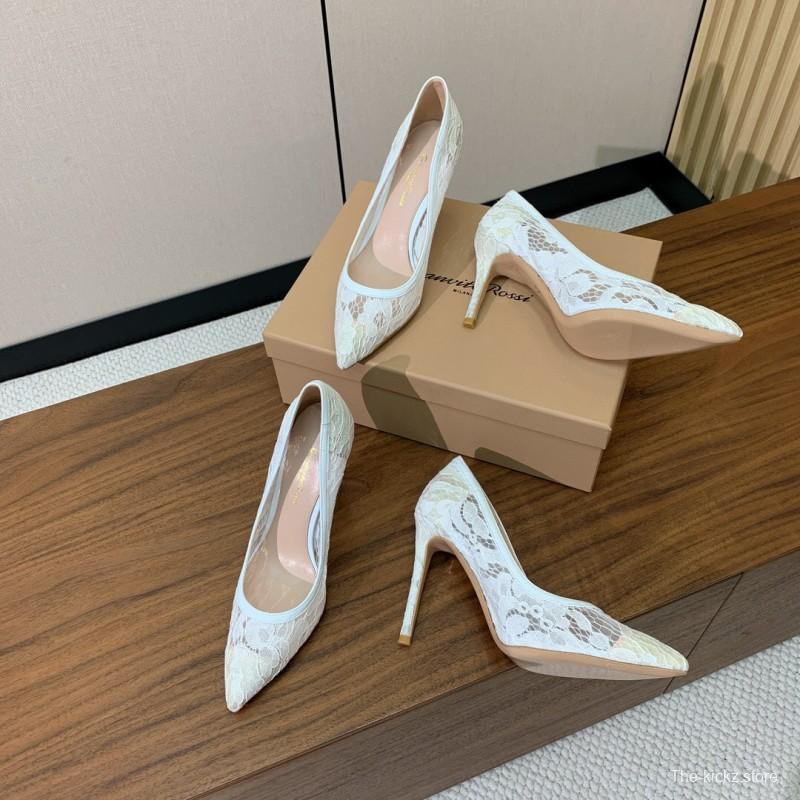 2025 Women Gianvito Rossi White Lace Leather Pumps KFY00280