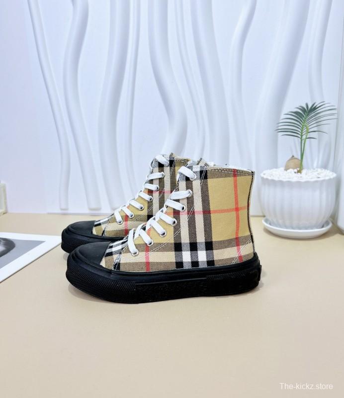 2024 Kids Burberry Beige Black White Canvas Leather High-top Sneakers