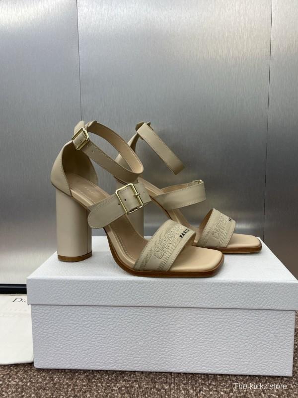 2025 Women Dior Beige Leather Sandals Buckle Strap High Heel