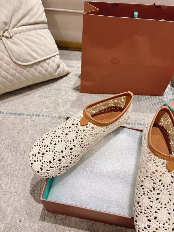 2025 Women LP Beige Brown Leather Crochet Ballet Flats