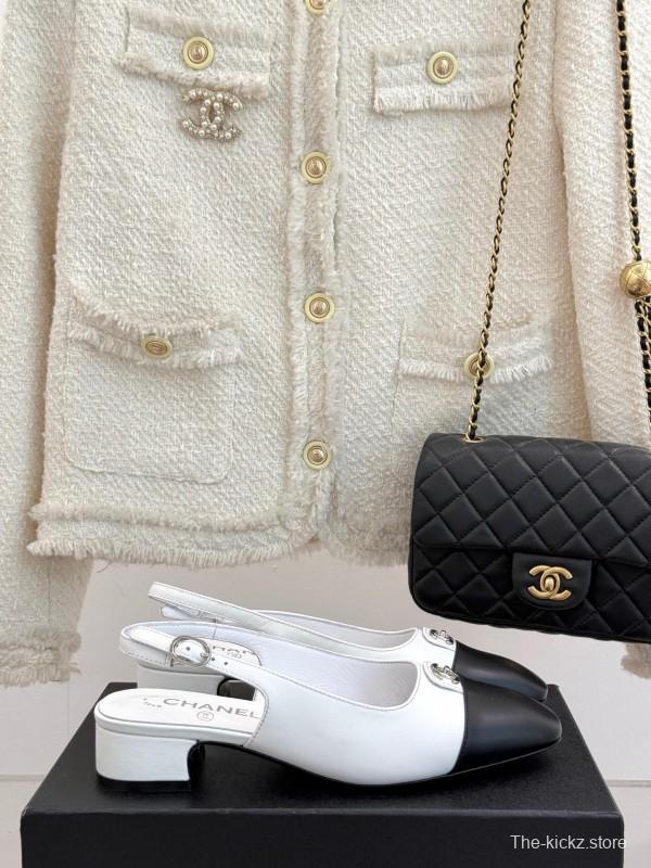2025 Women Chanel White Black Leather Slingback Heels
