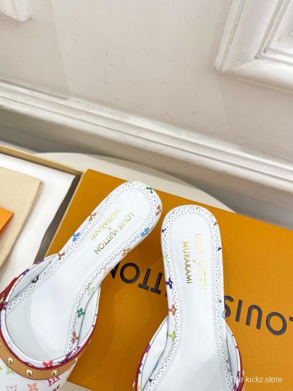 2025 Women Louis Vuitton White Rainbow Leather Slippers MJ00290