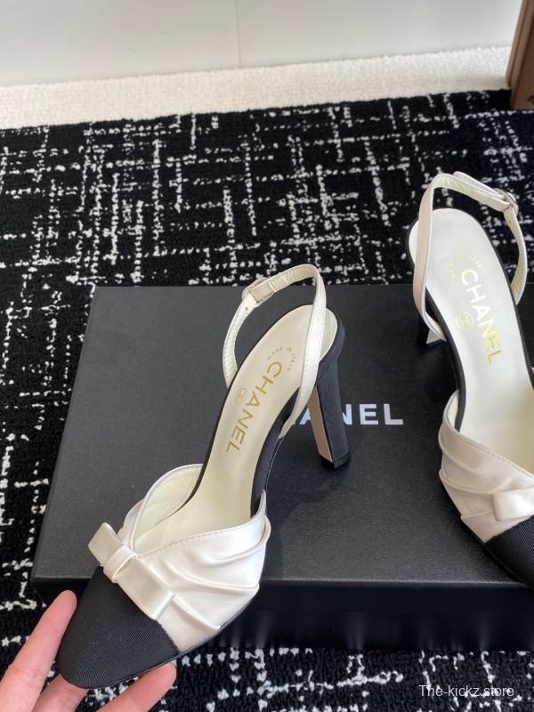 2025 Women Chanel Black White Satin Leather Slingback Heels