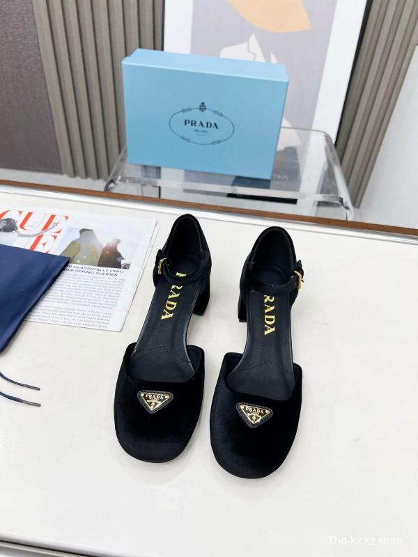 2025 Women Prada Black Velvet Mary Jane Block Heel KFY00270